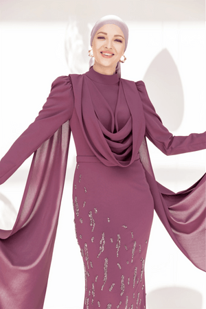 Şallı Degaje Yaka Tesettür Abiye - FioraofDress - tesettur - abiye - 44 - Mürdüm - hijab - evening - dress