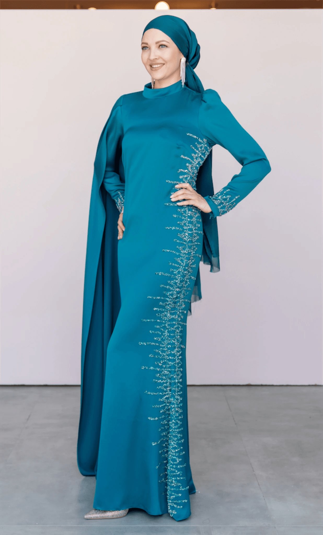 Tek Omuz Pelerinli Tesettür Abiye - FioraofDress - tesettur - abiye - 46 - PETROL - hijab - evening - dress