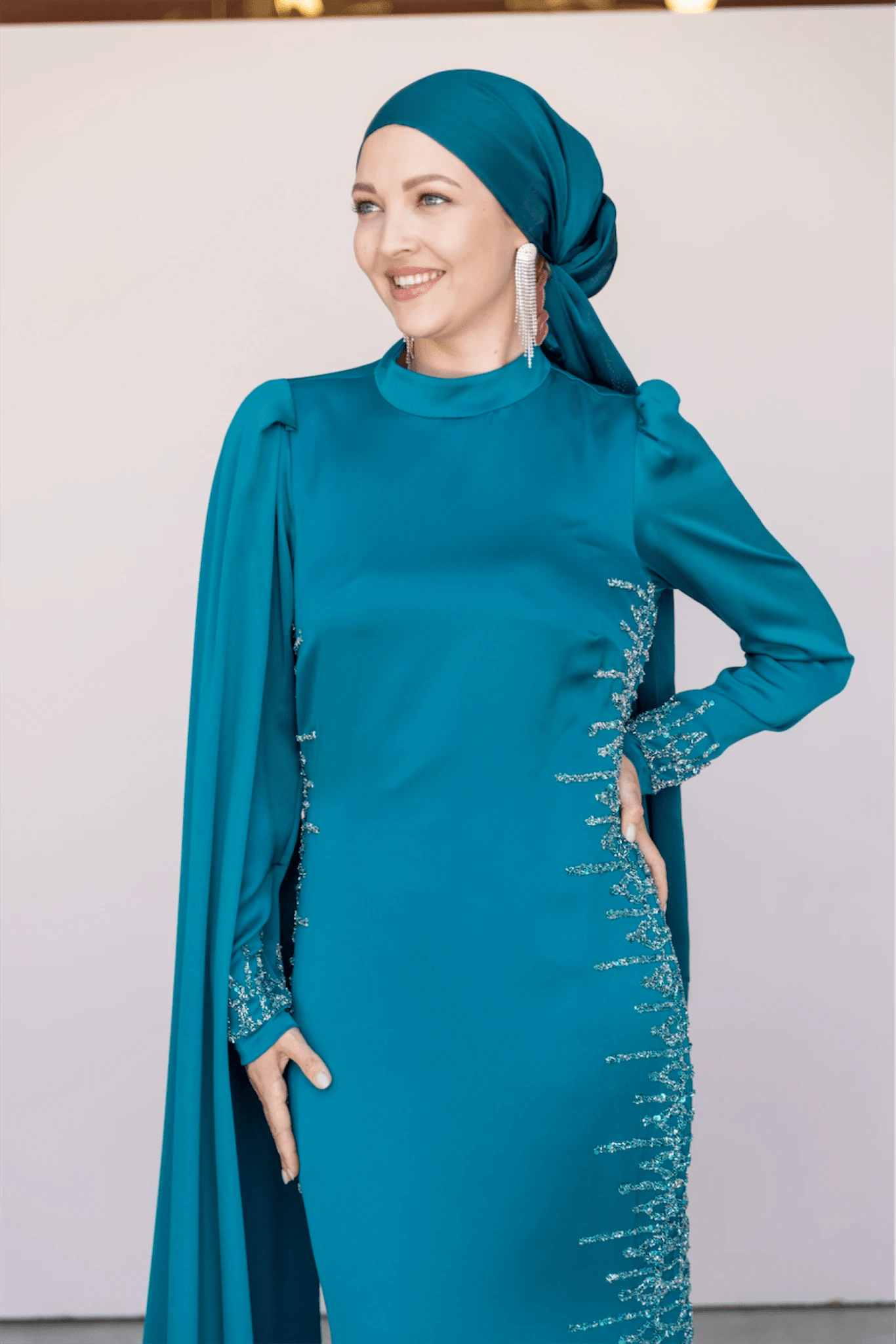 Tek Omuz Pelerinli Tesettür Abiye - FioraofDress - tesettur - abiye - 46 - PETROL - hijab - evening - dress